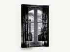 Window on the Tower, eiffel tower through window black and white photograph, city canvas wall art print ready to hang