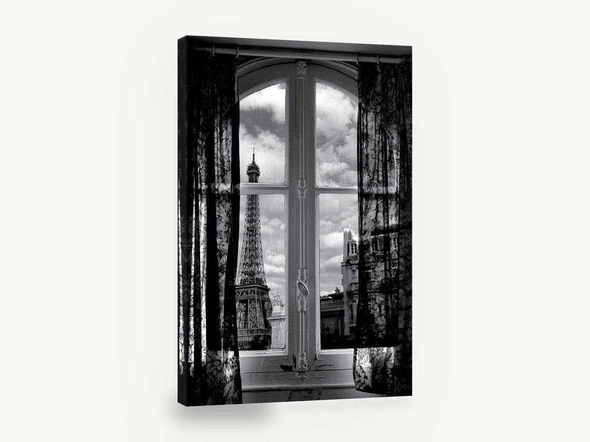 Window on the Tower, eiffel tower through window black and white photograph, city canvas wall art print ready to hang