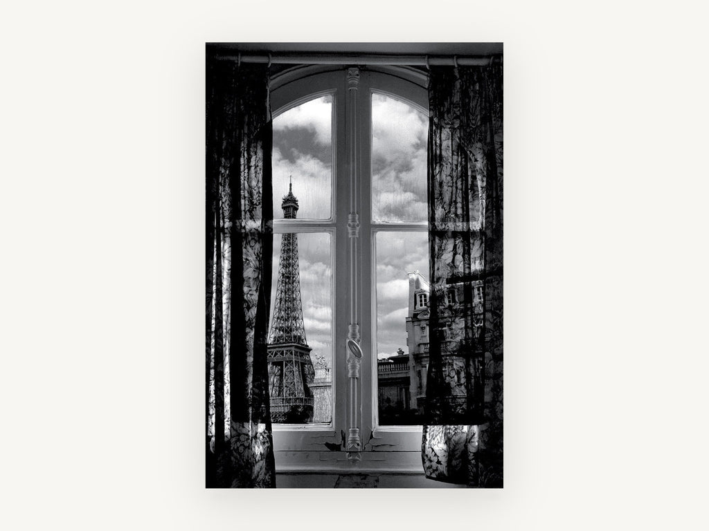 Window on the Tower, eiffel tower through window black and white photograph, city canvas wall art print, front view