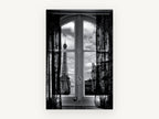 Window on the Tower, eiffel tower through window black and white photograph, city canvas wall art print, front view