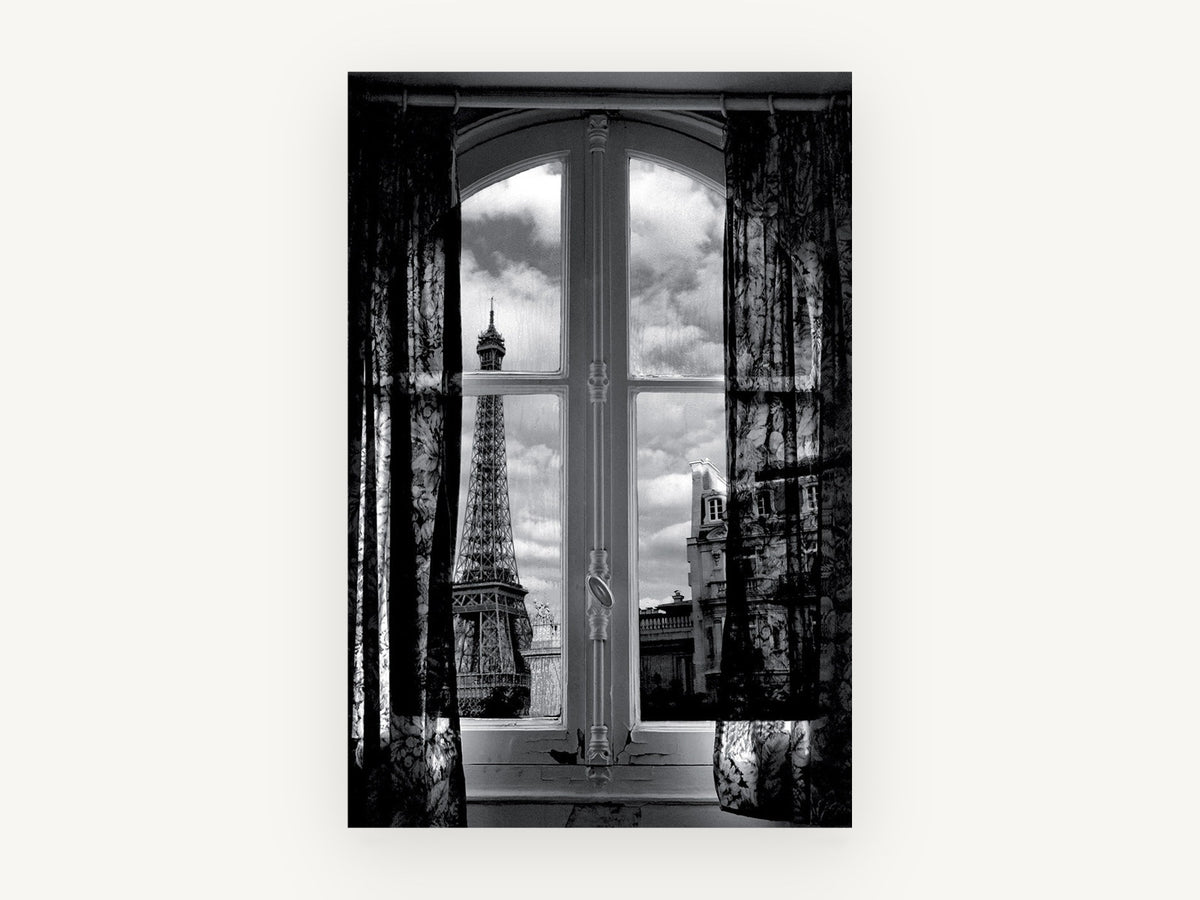 Window on the Tower, eiffel tower through window black and white photograph, city canvas wall art print, front view