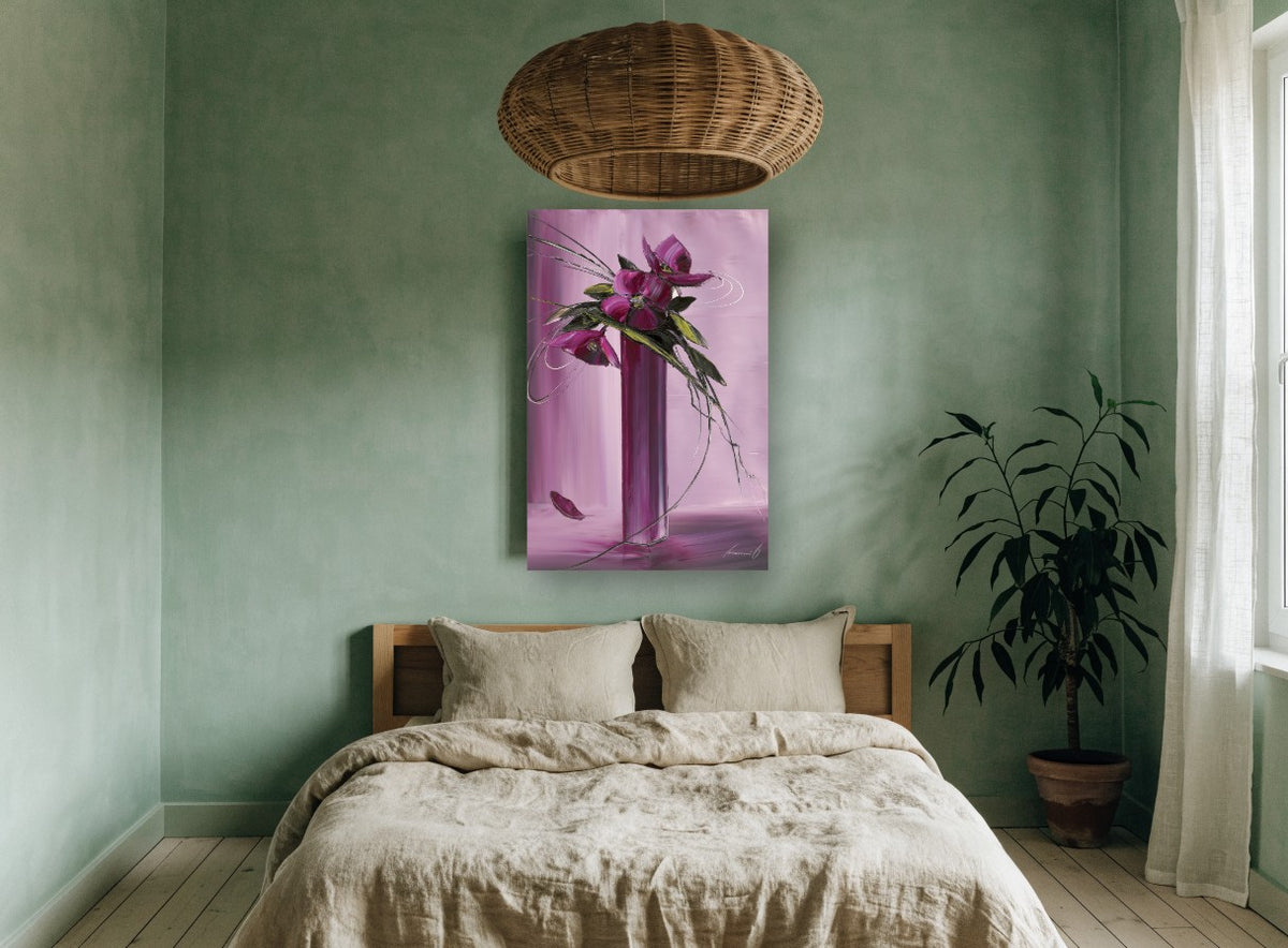 Magenta Blooms in Tall Vase floral canvas print on the wall of a bedroom