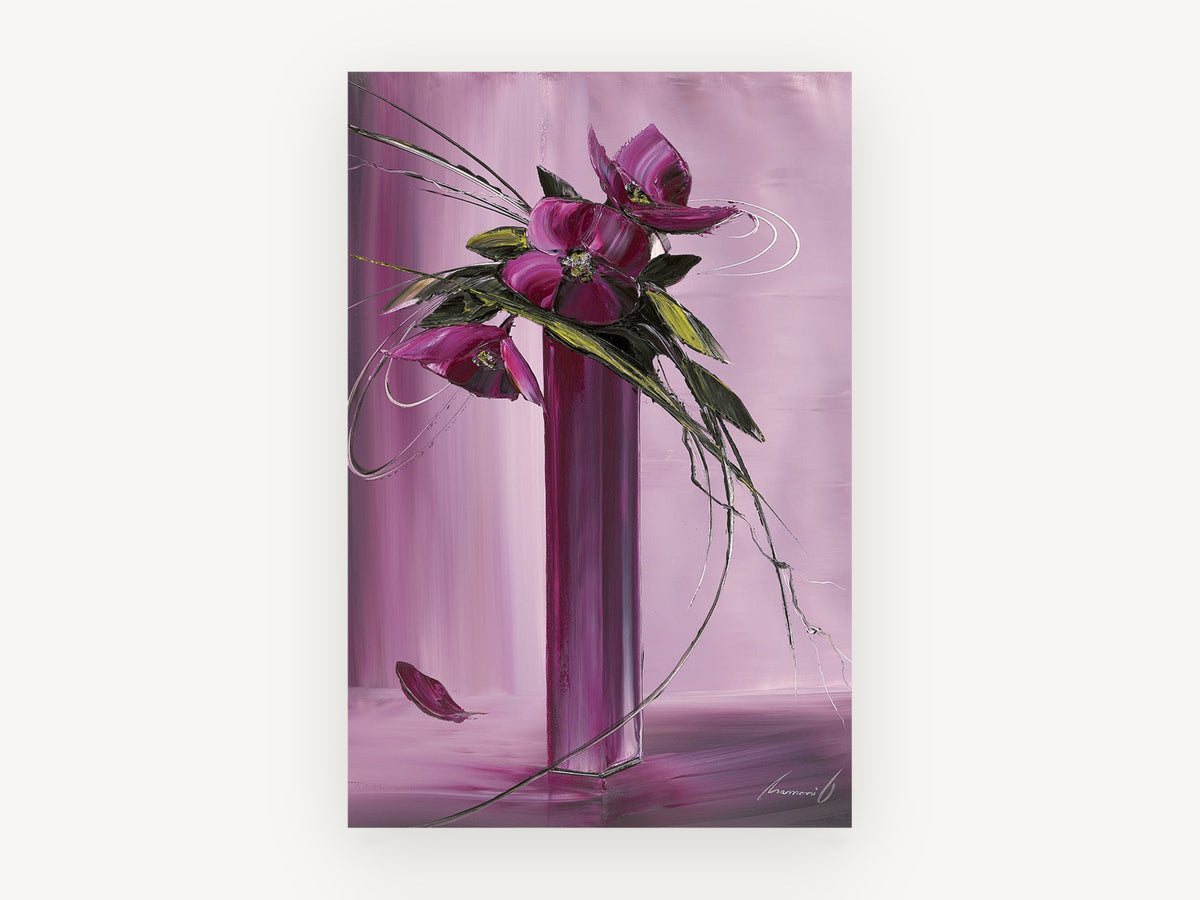 Magenta Blooms in Tall Vase, floral canvas wall art print, front view