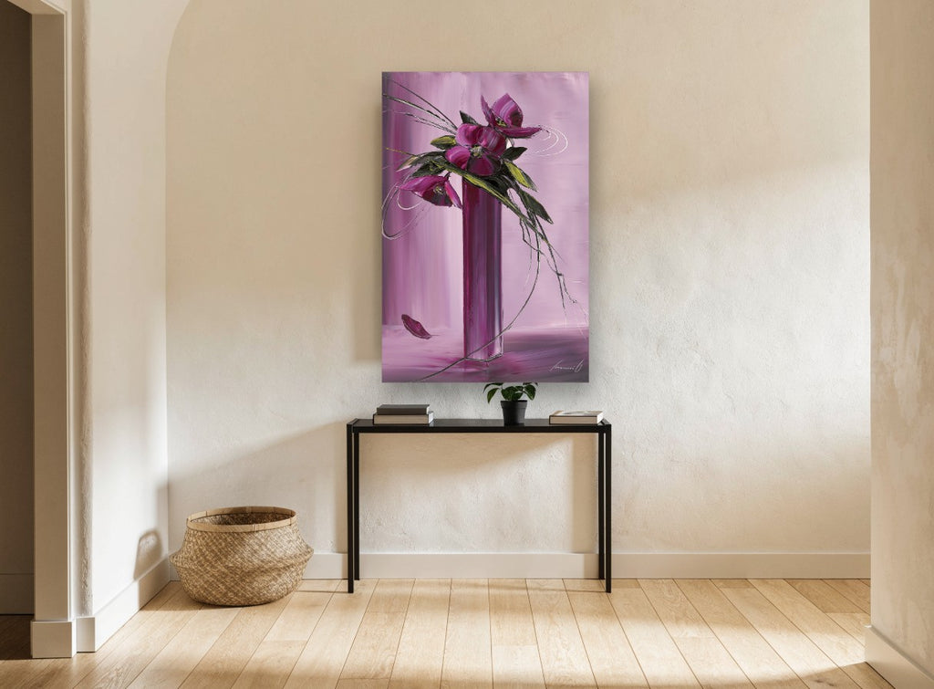 Magenta Blooms in Tall Vase floral canvas print on the wall of a hallway
