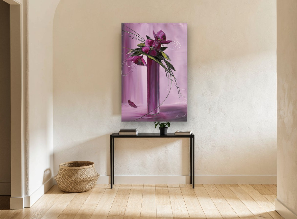 Magenta Blooms in Tall Vase floral canvas print on the wall of a hallway