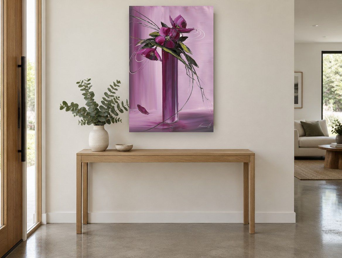 Magenta Blooms in Tall Vase floral canvas print on the wall of a entry hall