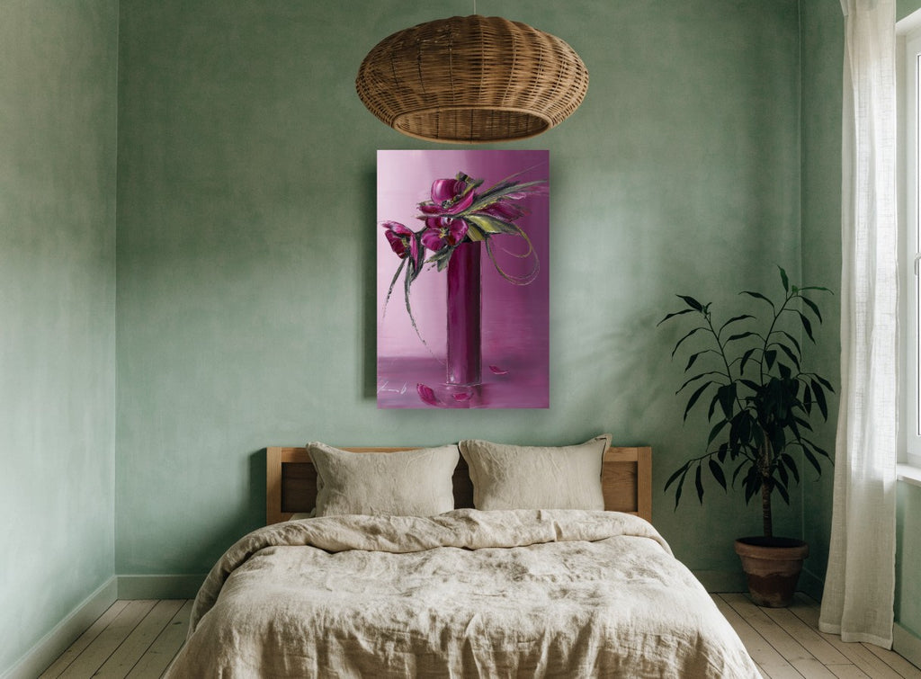 Magenta Blooms in Tall Vase floral canvas print on the wall of a bedroom