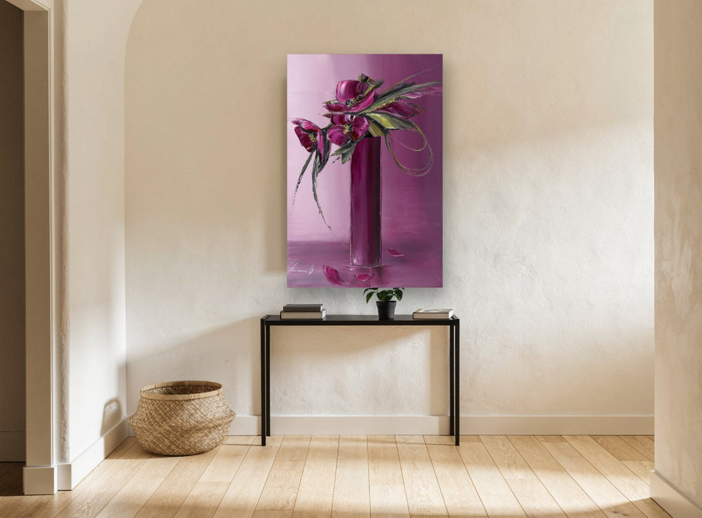 Magenta Blooms in Tall Vase floral canvas print on the wall of a hallway