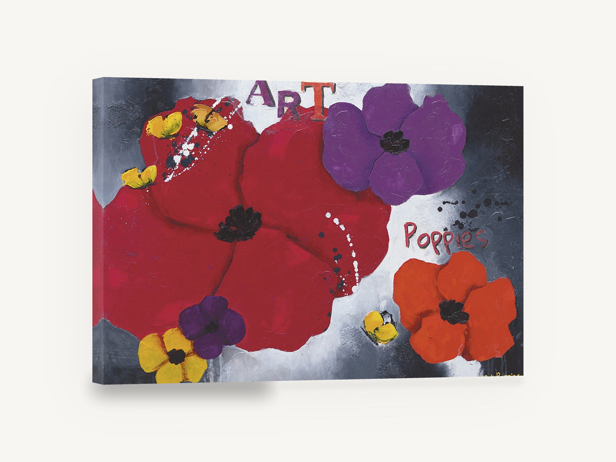 Poppy Chorus, bold red purple poppies painting, floral canvas wall art print ready to hang
