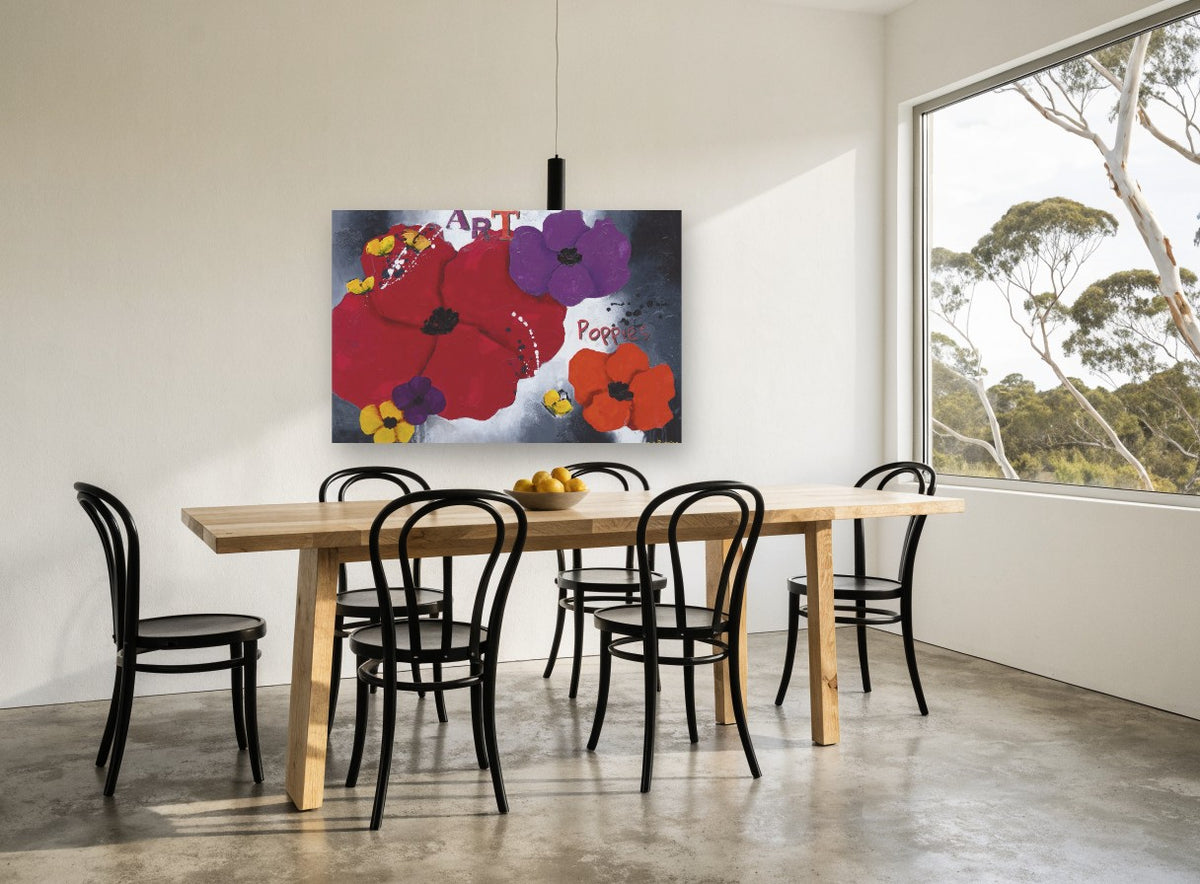 Poppy Chorus floral canvas print on the wall of a dining room