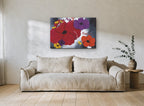 Poppy Chorus floral canvas print on the wall of a living room