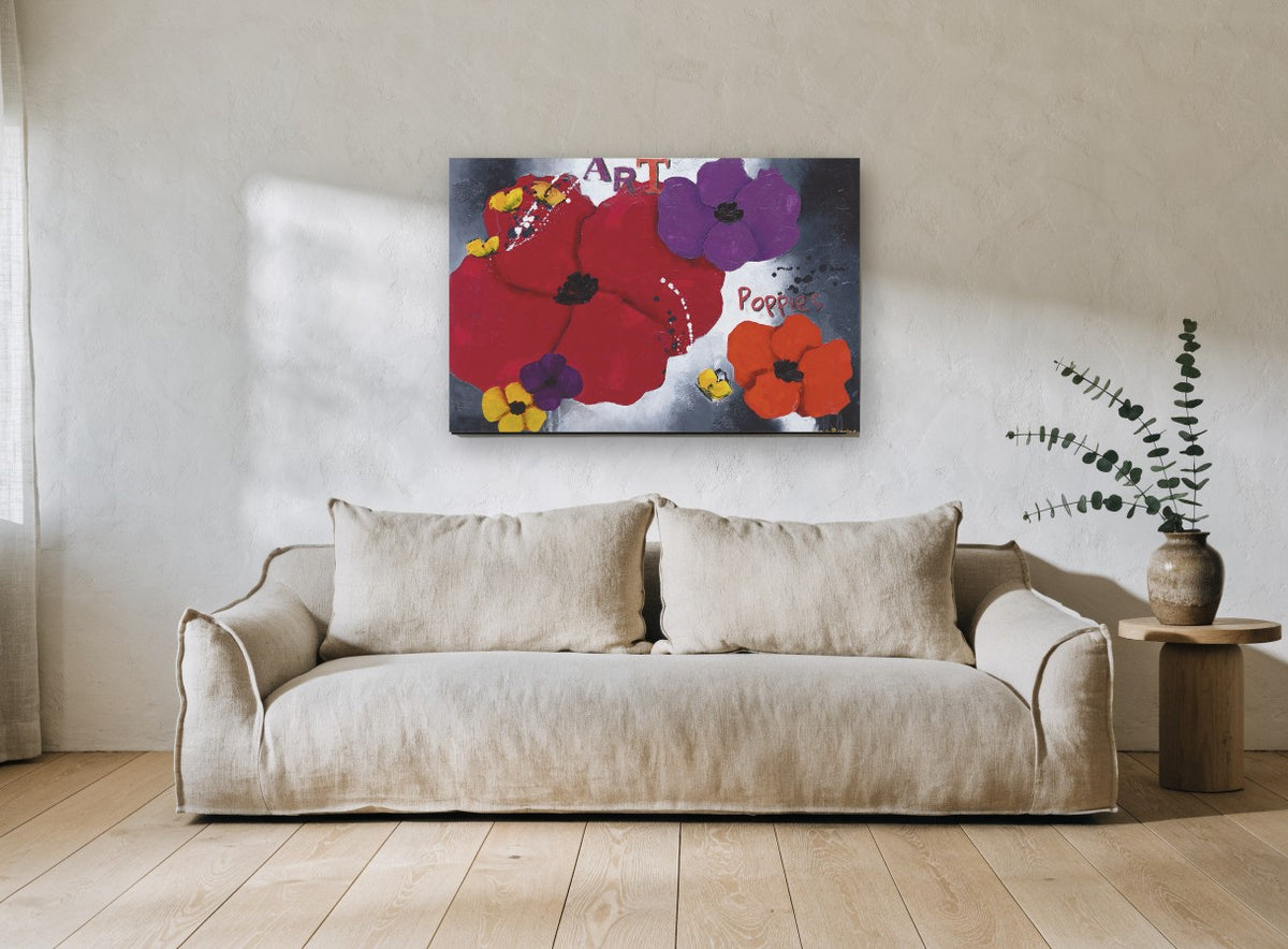 Poppy Chorus floral canvas print on the wall of a living room