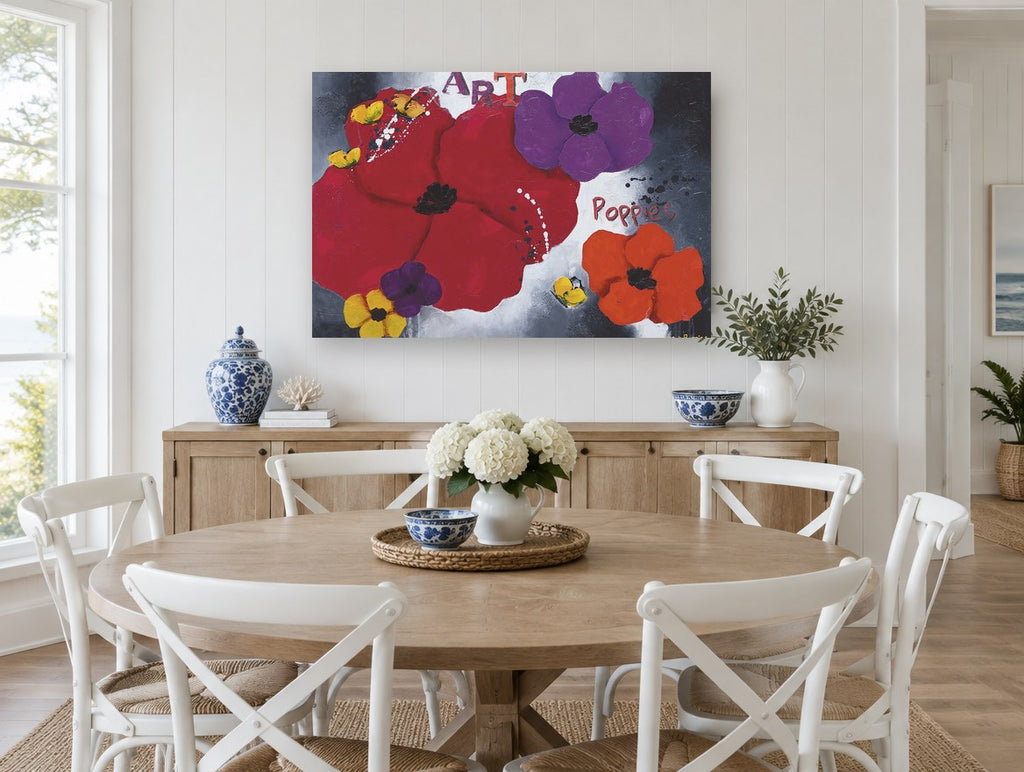 Poppy Chorus floral canvas print on the wall of a Hamptons dining room