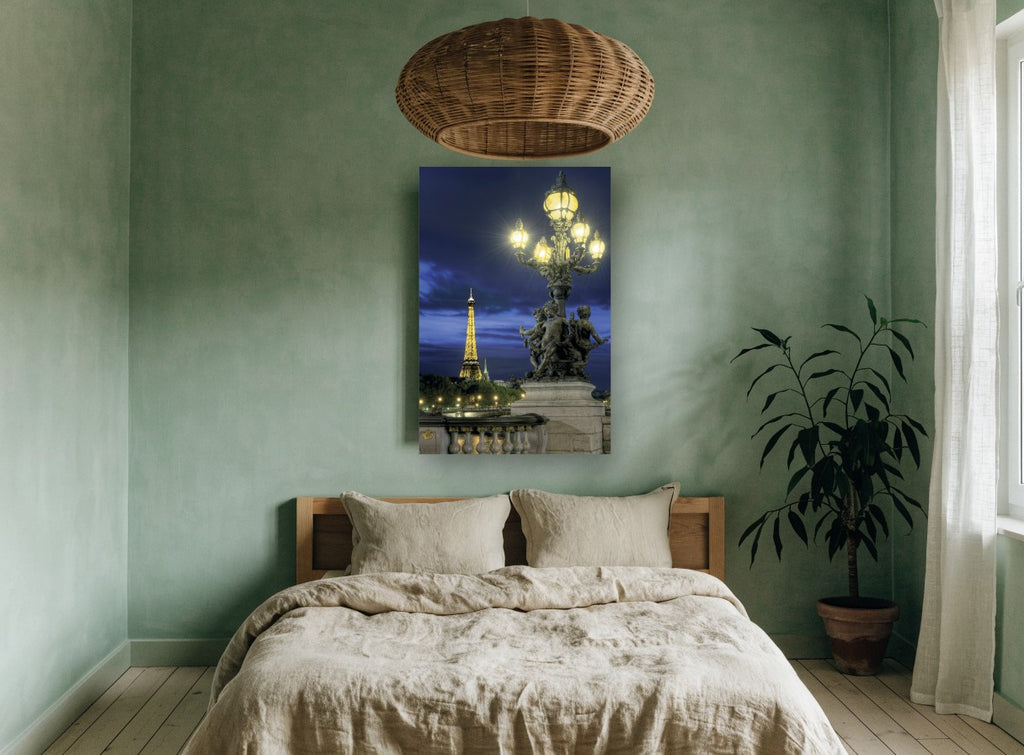 Cherubs and Eiffel Dusk city canvas print on the wall of a bedroom