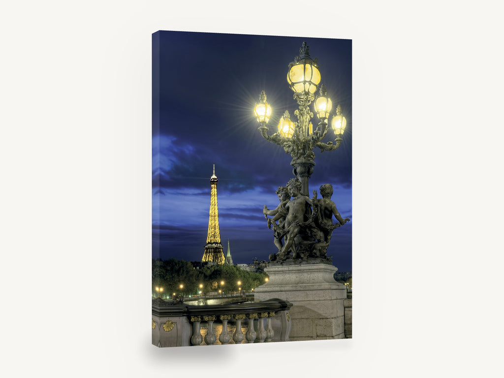 Cherubs and Eiffel Dusk, eiffel tower and bridge lamp at night, city canvas wall art print ready to hang