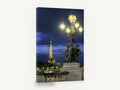 Cherubs and Eiffel Dusk, eiffel tower and bridge lamp at night, city canvas wall art print ready to hang