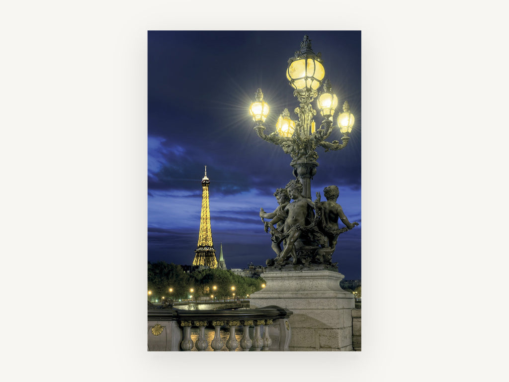 Cherubs and Eiffel Dusk, eiffel tower and bridge lamp at night, city canvas wall art print, front view