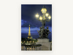 Cherubs and Eiffel Dusk, eiffel tower and bridge lamp at night, city canvas wall art print, front view