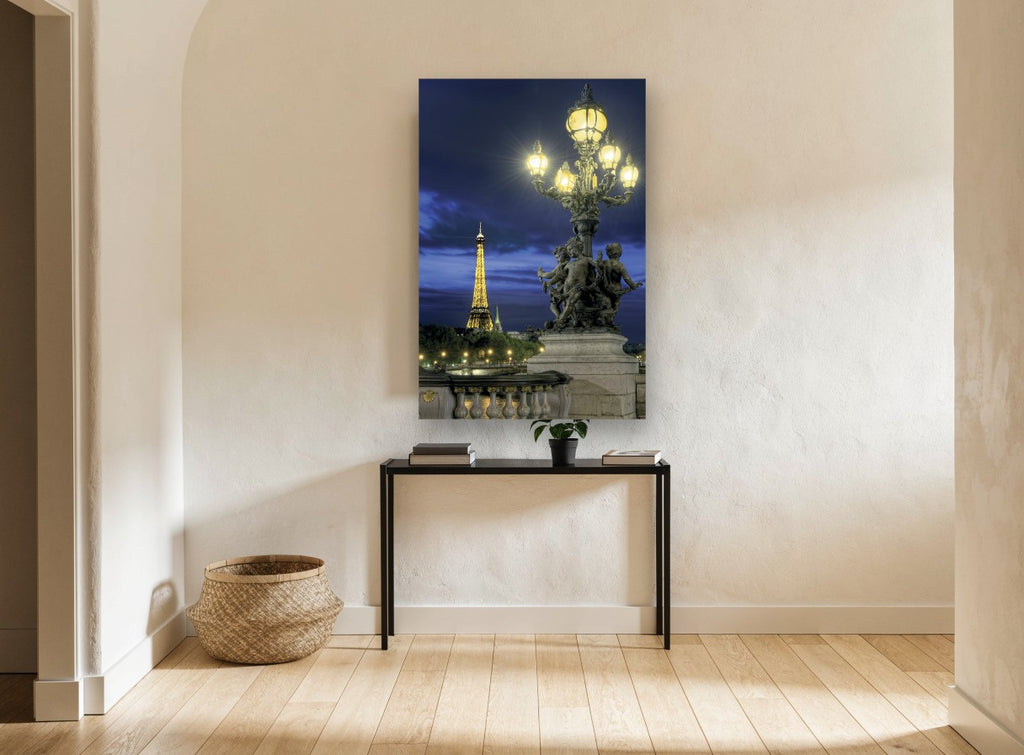 Cherubs and Eiffel Dusk city canvas print on the wall of a hallway