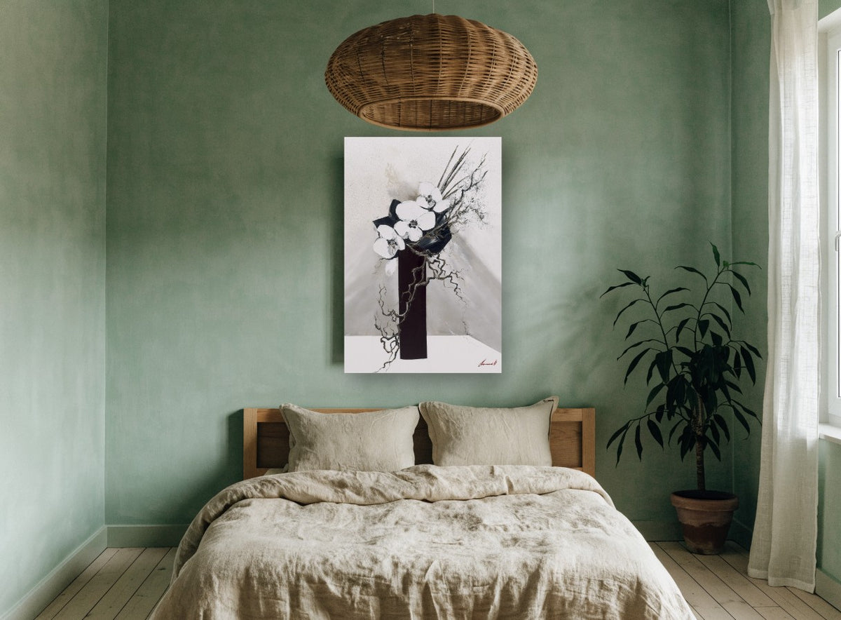 Ink Vase Orchids floral canvas print on the wall of a bedroom