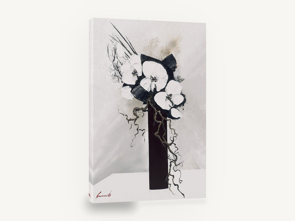 Ink Orchids in Tall Vase, black and white orchid vase painting, floral canvas wall art print ready to hang