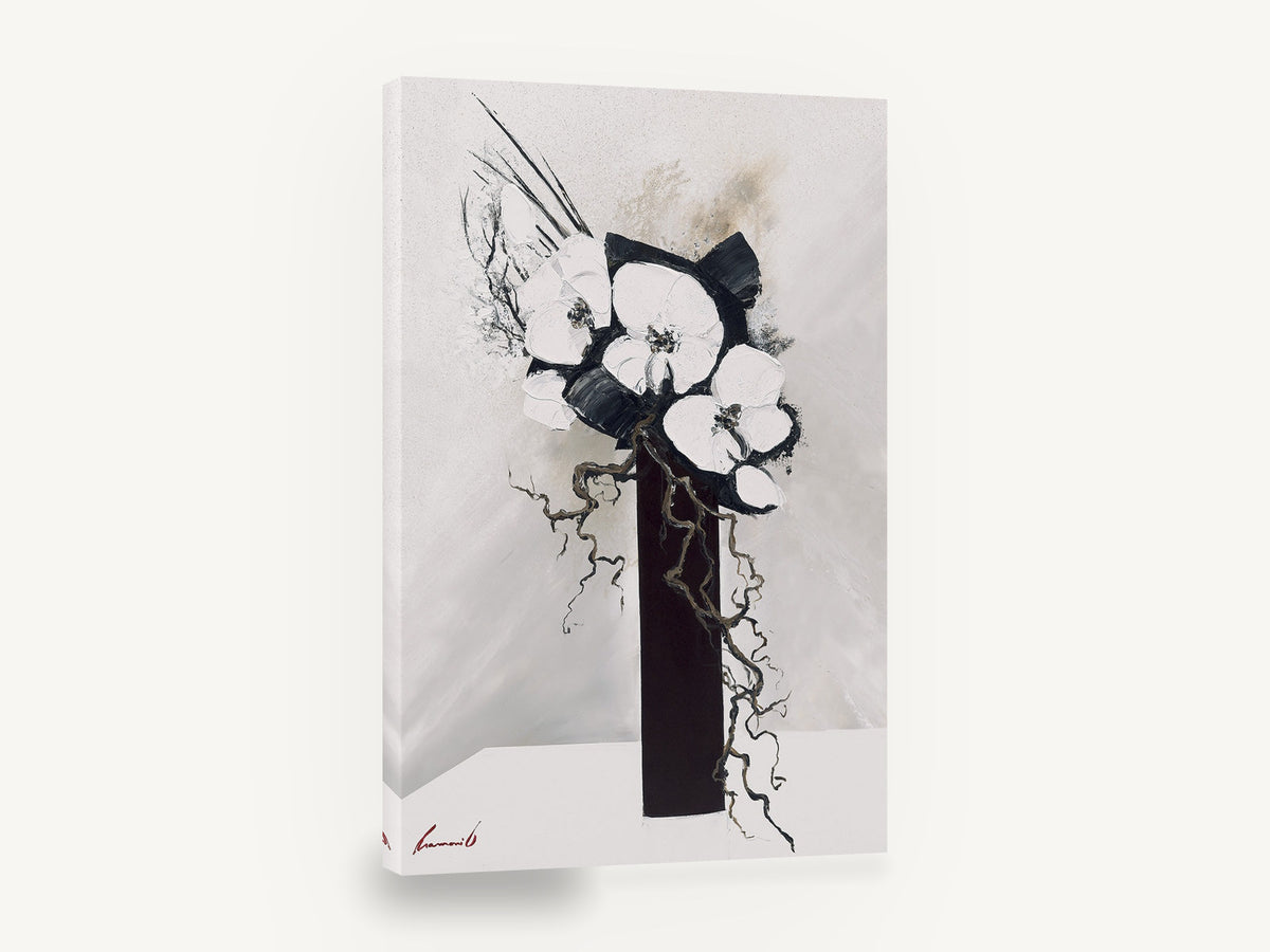 Ink Orchids in Tall Vase, black and white orchid vase painting, floral canvas wall art print ready to hang