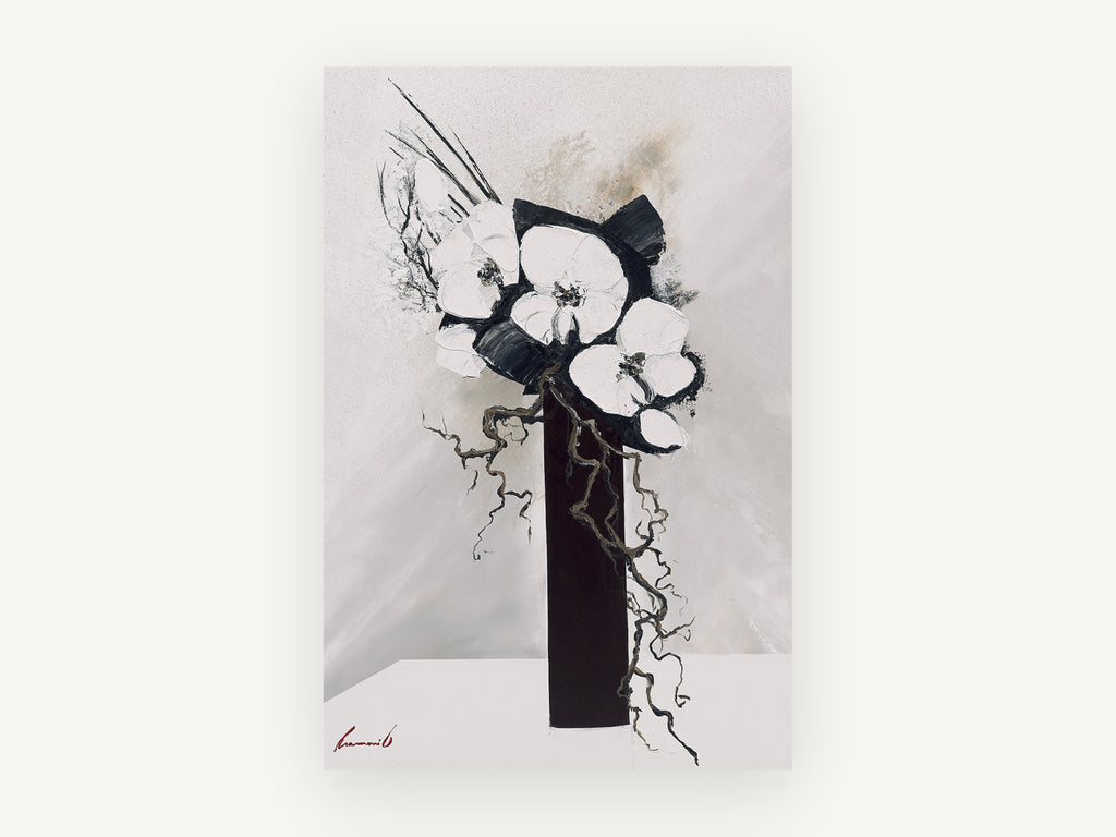 Ink Orchids in Tall Vase, floral canvas wall art print, front view