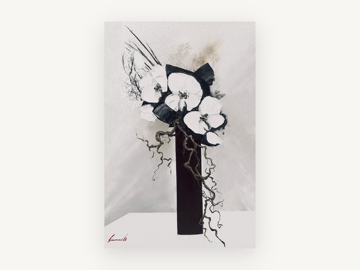 Ink Orchids in Tall Vase, floral canvas wall art print, front view