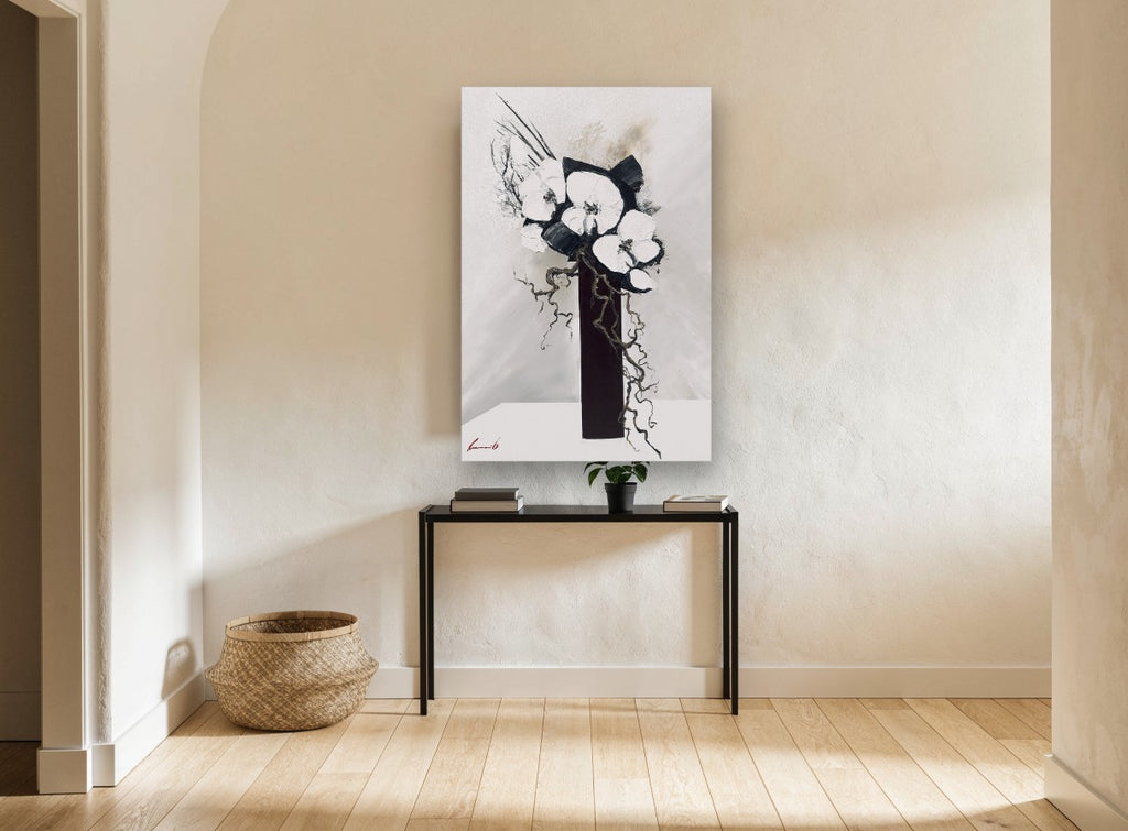 Ink Orchids in Tall Vase floral canvas print on the wall of a hallway