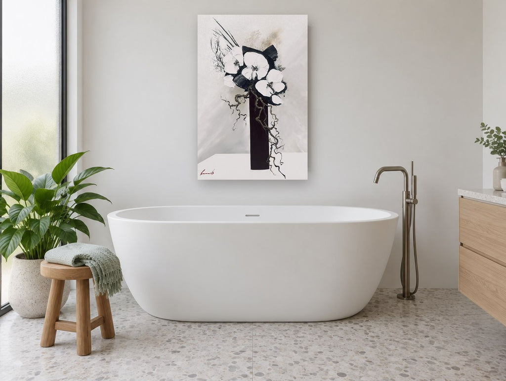 Ink Orchids in Tall Vase floral canvas print on the wall of a bathroom