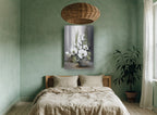 White Orchids in Grey floral canvas print on the wall of a bedroom