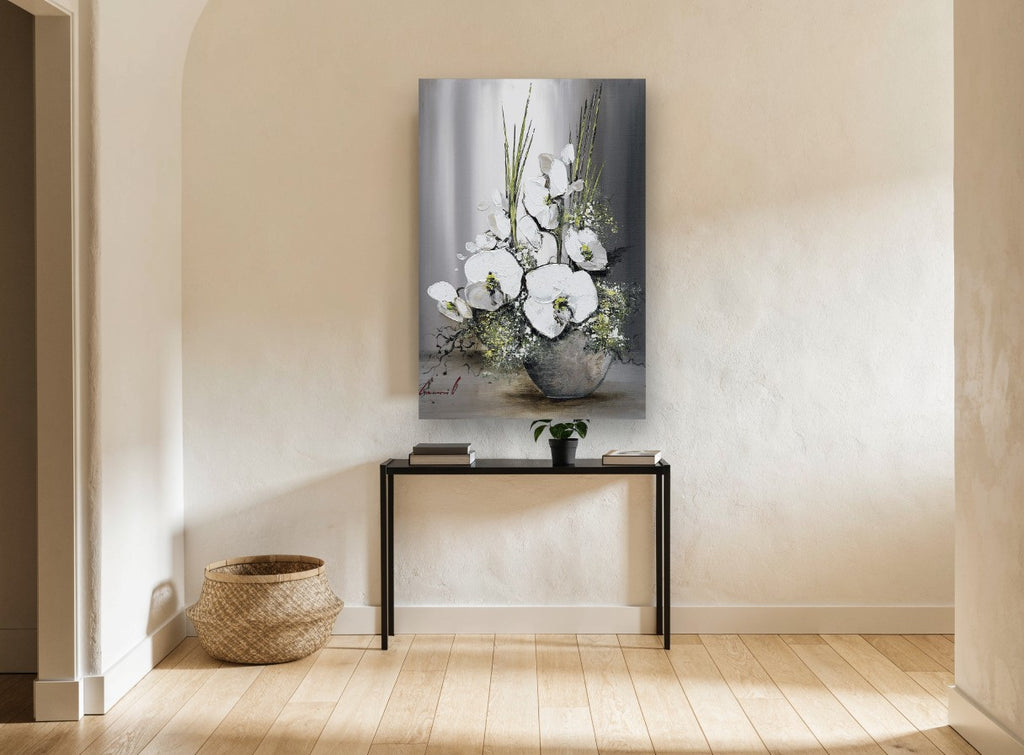 White Orchids in Grey floral canvas print on the wall of a hallway