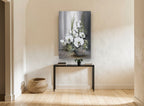 White Orchids in Grey floral canvas print on the wall of a hallway