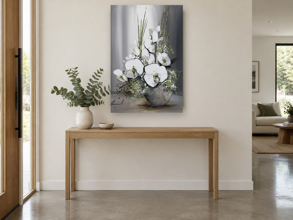White Orchids in Grey floral canvas print on the wall of a entry hall