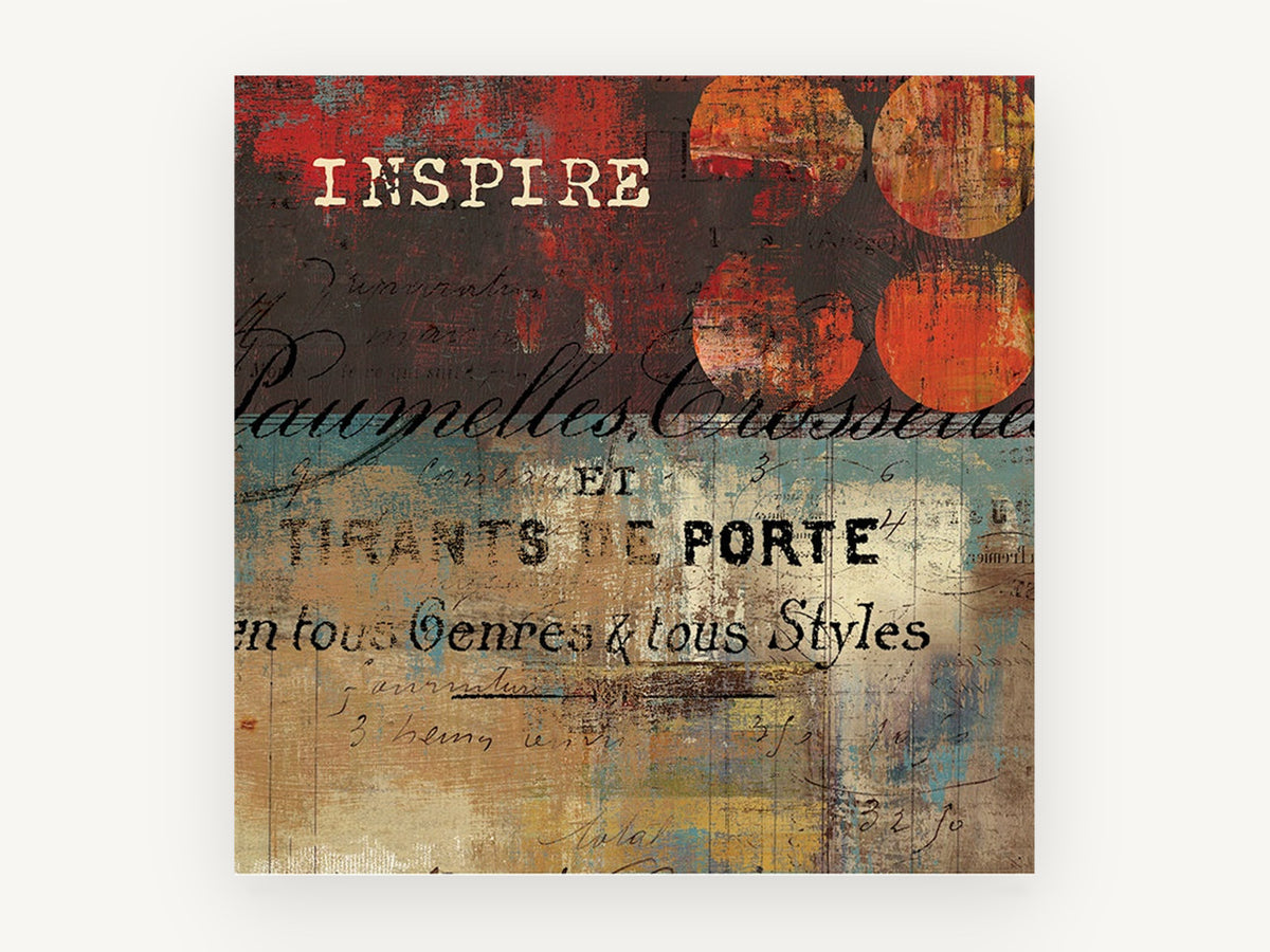 Inspire French Lettering, vintage canvas wall art print, front view