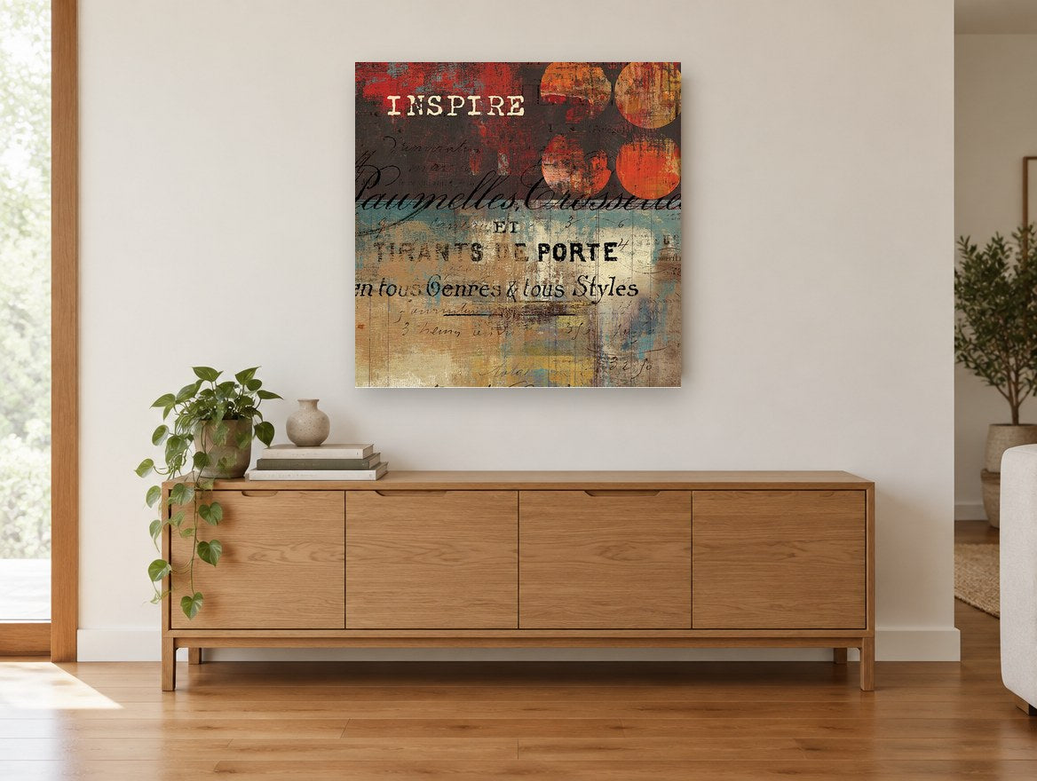 Inspire French Lettering vintage canvas print on the wall of a living room above a sideboard
