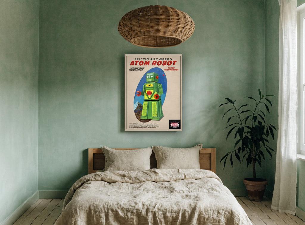 Atom Robot Friction Toy vintage canvas print on the wall of a bedroom