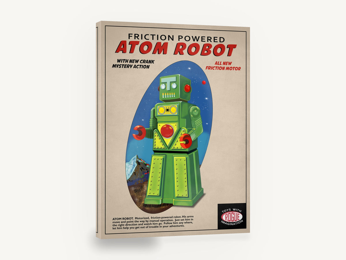 Atom Robot Friction Toy, retro green toy robot poster, stretched canvas wall art print ready to hang
