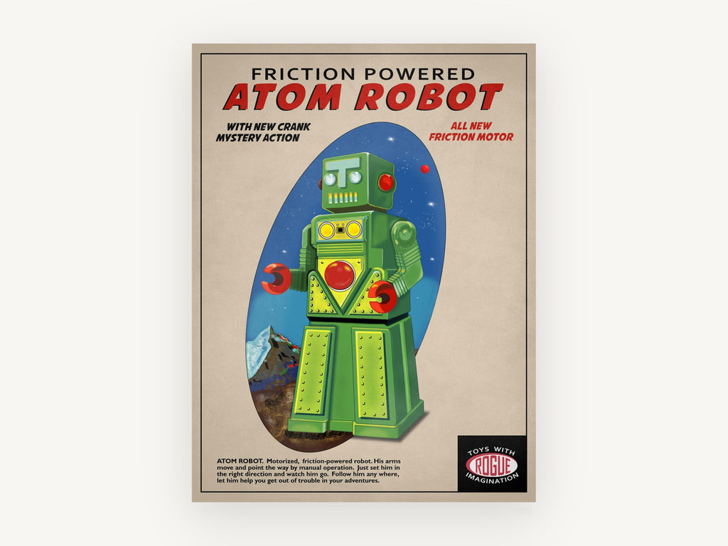 Atom Robot Friction Toy, vintage canvas wall art print, front view