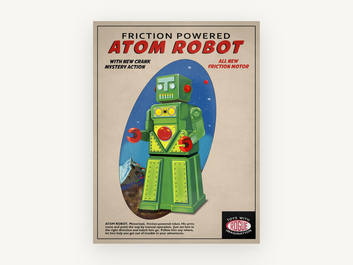Atom Robot Friction Toy, vintage canvas wall art print, front view