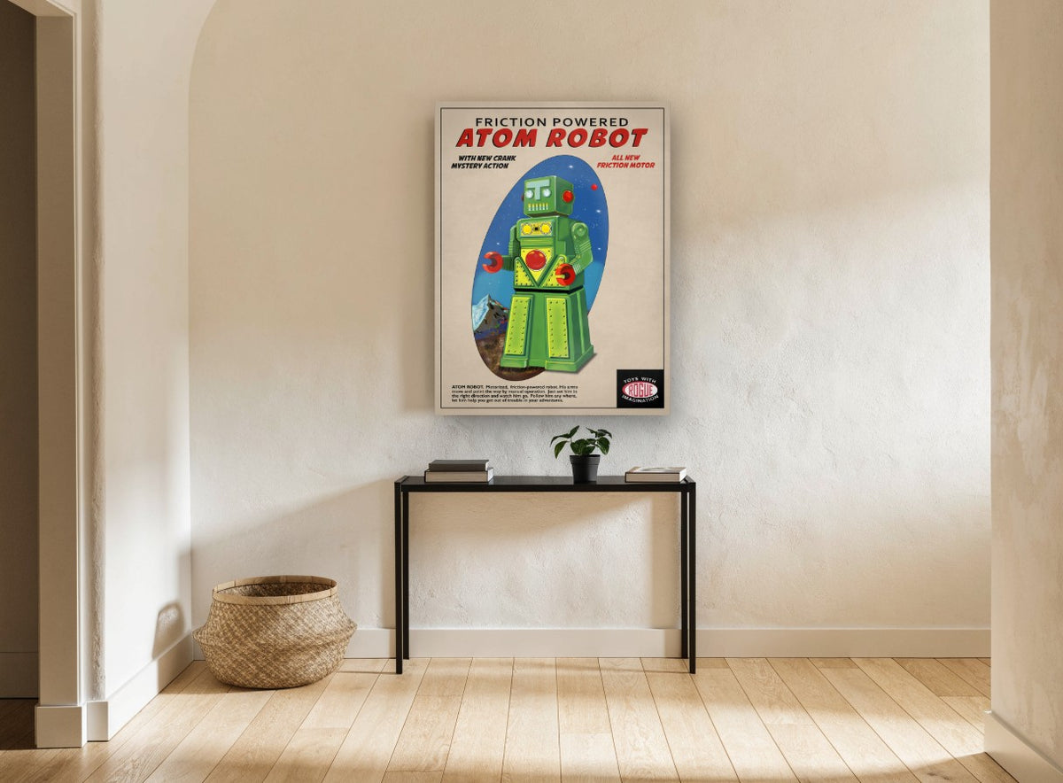 Atom Robot Friction Toy vintage canvas print on the wall of a hallway