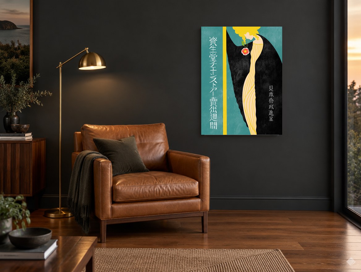Camellia Woman in Black vintage canvas print on the wall of a charcoal living room