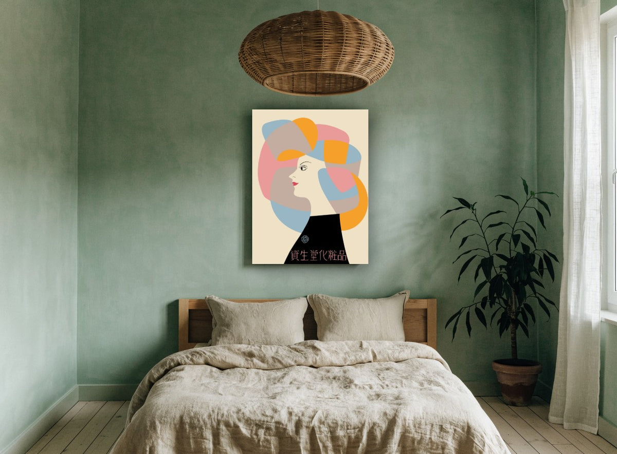 Woman in Patchwork Hat vintage canvas print on the wall of a bedroom