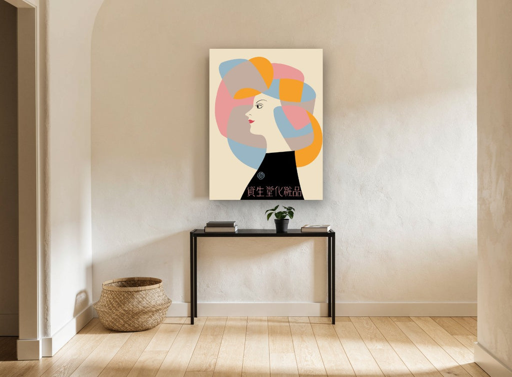 Woman in Patchwork Hat vintage canvas print on the wall of a hallway