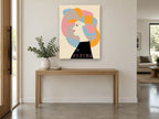 Woman in Patchwork Hat vintage canvas print on the wall of a entry hall