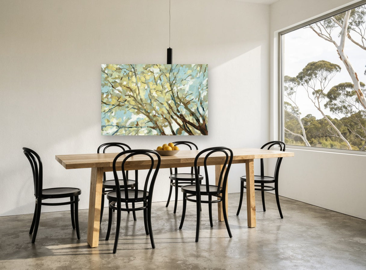 Sunlit Canopy Overhead landscape canvas print on the wall of a dining room