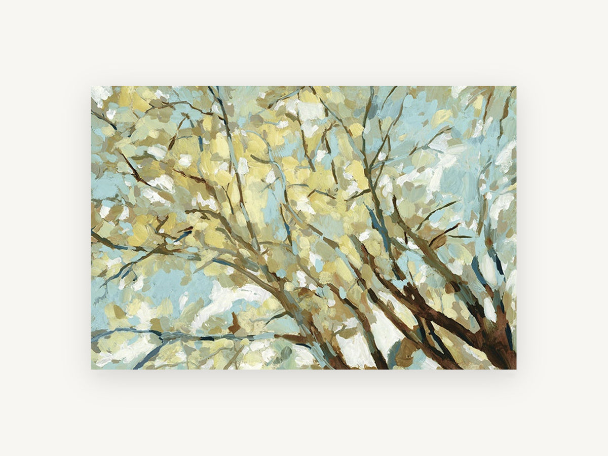 Sunlit Canopy Overhead, sunlit tree canopy abstract painting style, landscape canvas wall art print, front view
