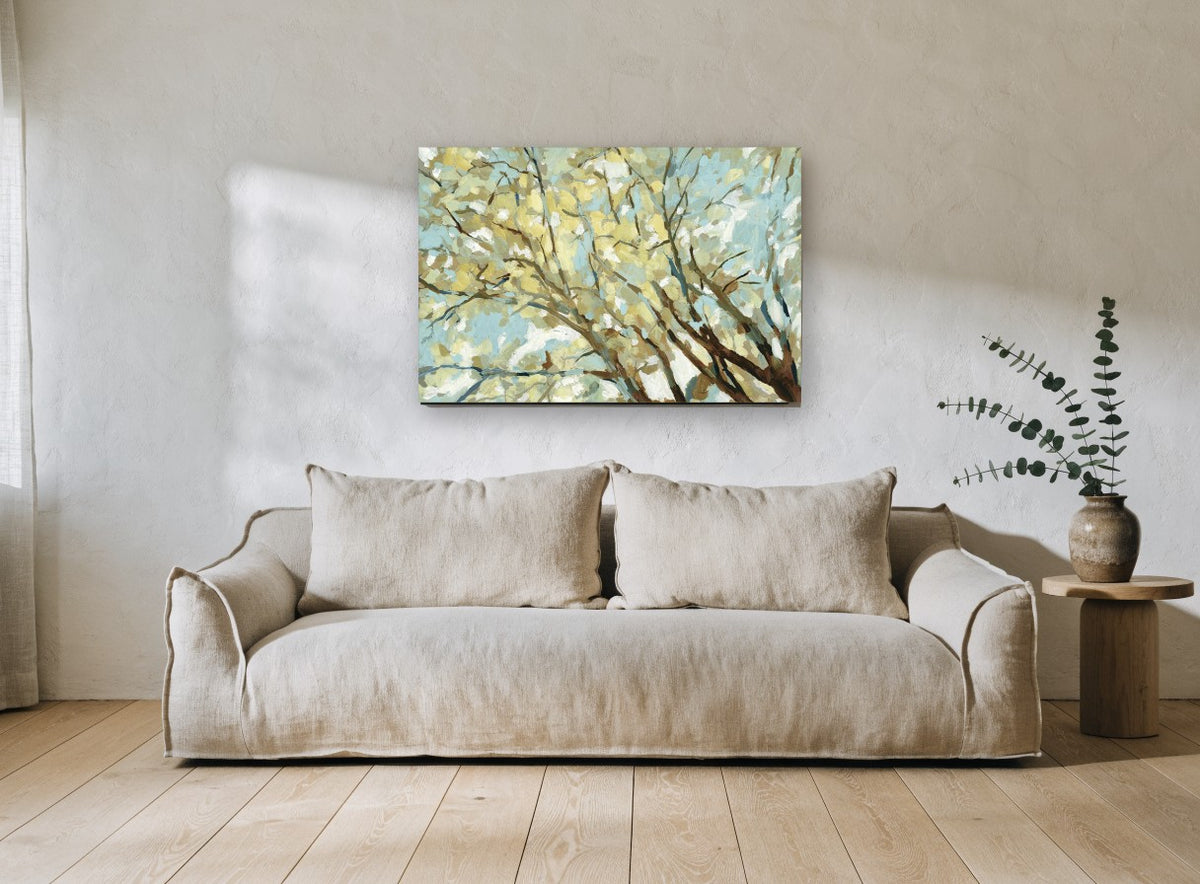 Sunlit Canopy Overhead landscape canvas print on the wall of a living room