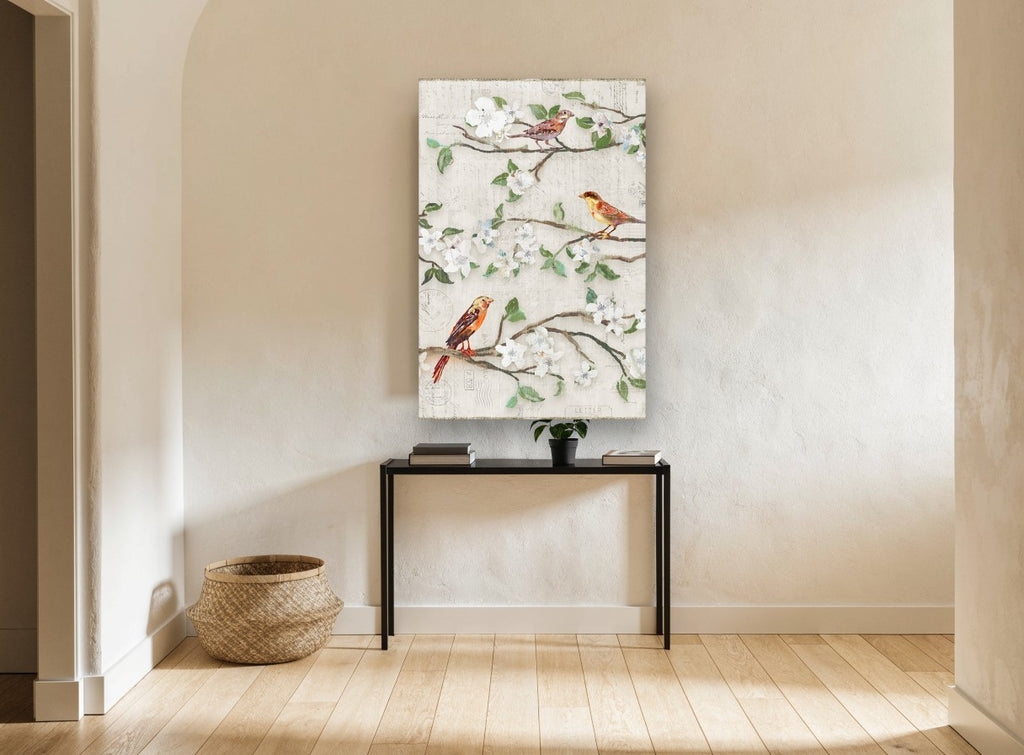 Postmark Blossom Songbirds floral canvas print on the wall of a hallway