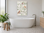 Postmark Blossom Songbirds floral canvas print on the wall of a bathroom